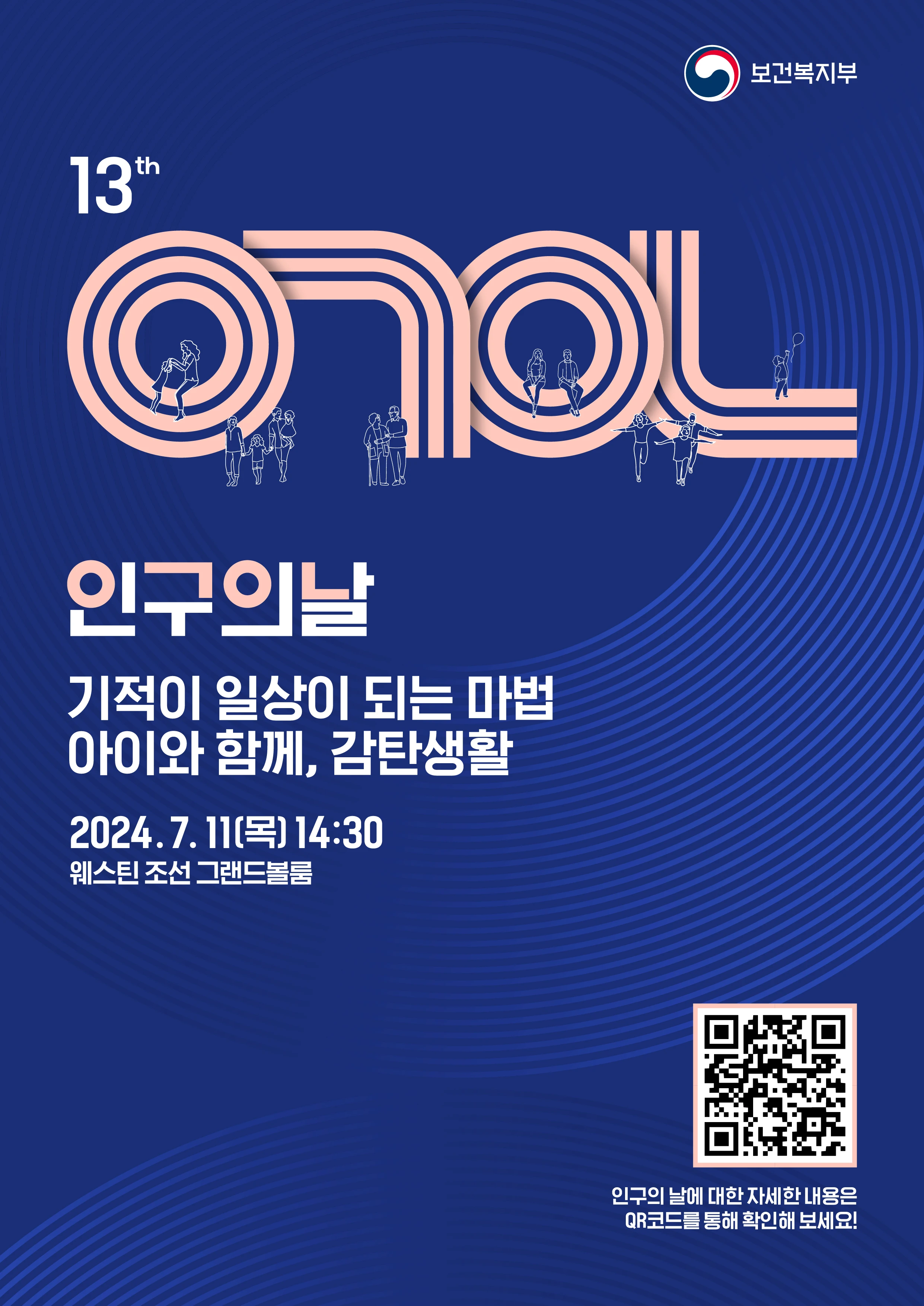 2024년 제13회 인구의 날 기념행사 포스터. 2024년 7월 11일 목요일 14시 30분 웨스틴 조선 그랜드볼룸 주최 보건복지부