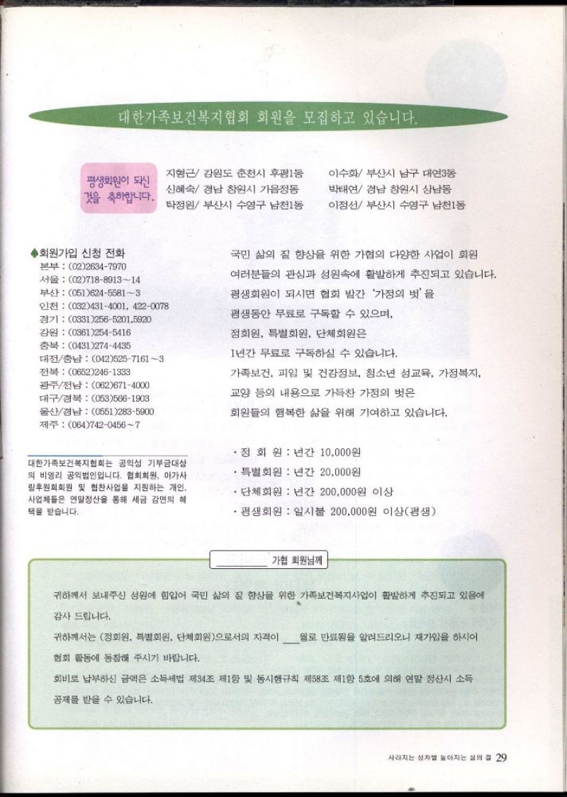 대한가족보건복지협회 회원을 모집하고 있습니다.  평생회원이 되신 것을 축하합니다.  지형근 강원도 춘천시 후평1동  신혜숙 경남 창원시 가음정동  탁정원 부산시 수영구 남천1동  이수화 부산시 남구 대연3동  박태연 경남 창원시 상남동  이정선부산시 수영구 남천1동  ◆회원가입 신청 전화  본부 0226347970 서울 02718891314  부산 05162455813  인천 0324314001 4220078 27 033125652015920  강원 03612545416  충북 04312744435  대전충남 04252571613  전북 06522461333 광주전남 0626714000  대구경북 0535661903 울산경남 0512835900  제주 06474204567  국민 삶의 질 향상을 위한 가협의 다양한 사업이 회원  여러분들의 관심과 성원속에 활발하게 추진되고 있습니다.  평생회원이 되시면 협회 발간 가정의 벗을  평생동안 무료로 구독할 수 있으며  정회원 특별회원 단체회원은  1년간 무료로 구독하실 수 있습니다.  가족보건 피임 및 건강정보 청소년 성교육 가정복지  교양 등의 내용으로 가득찬 가정의 벗은  회원들의 행복한 삶을 위해 기여하고 있습니다.  대한가족보건복지협회는 공익성 기부금대상 의 비영리 공익법인입니다. 협회회원 아가사 랑후원회회원 및 협찬사업을 지원하는 개인. 사업체들은 연말정산을 통해 세금 감면의 혜 택을 받습니다.  •정회원  년간 10000원  ・특별회원  년간 20000원  ・단체회원  년간 200000원 이상  •평생회원 일시불 200000원 이상평생  •가협 회원님께  귀하께서 보내주신 성원에 힘입어 국민 삶의 질 향상을 위한 가족보건복지사업이 활발하게 추진되고 있음에  감사 드립니다.  귀하께서는 정회원 특별회원 단체회원으로서의 자격이 월로 만료됨을 알려드리오니 재가입을 하시어  협회 활동에 동참해 주시기 바랍니다.  회비로 납부하신 금액은 소득세법 제34조 제1항 및 동시행규칙 제58조 제1항 5호에 의해 연말 정산시 소득  공제를 받을 수 있습니다. 