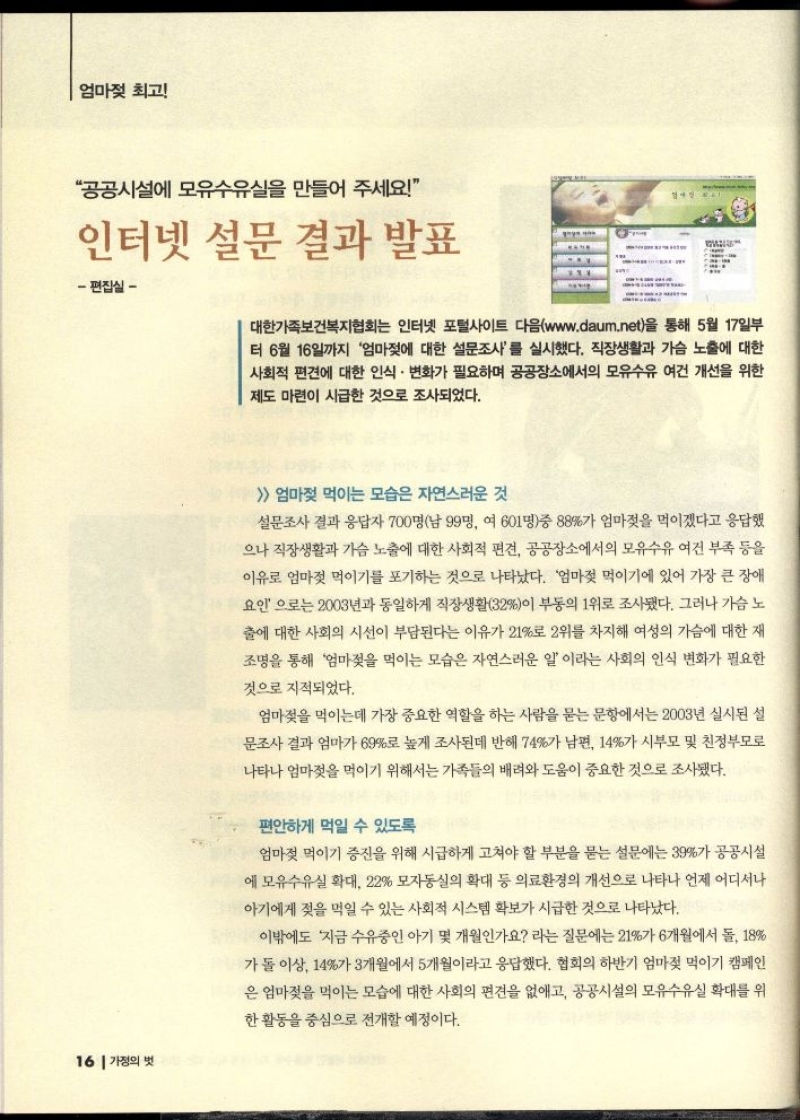 엄마젖 최고  공공시설에 모유수유실을 만들어 주세요  인터넷 설문 결과 발표    편집실    대한가족보건복지협회는 인터넷 포털사이트 다음www.daum.net을 통해 5월 17일부 터 6월 16일까지 엄마젖에 대한 설문조사를 실시했다. 직장생활과 가슴 노출에 대한 사회적 편견에 대한 인식 변화가 필요하며 공공장소에서의 모유수유 여건 개선을 위한 제도 마련이 시급한 것으로 조사되었다.   엄마젖 먹이는 모습은 자연스러운 것  설문조사 결과 응답자 700명남 99명 여 601명중 88가 엄마젖을 먹이겠다고 응답했 으나 직장생활과 가슴 노출에 대한 사회적 편견 공공장소에서의 모유수유 여건 부족 등을 이유로 엄마젖 먹이기를 포기하는 것으로 나타났다. 엄마젖 먹이기에 있어 가장 큰 장애  요인으로는 2003년과 동일하게 직장생활32이 부동의 1위로 조사됐다. 그러나 가슴 노 출에 대한 사회의 시선이 부담된다는 이유가 21로 2위를 차지해 여성의 가슴에 대한 재 조명을 통해 엄마젖을 먹이는 모습은 자연스러운 일이라는 사회의 인식 변화가 필요한  것으로 지적되었다.  엄마젖을 먹이는데 가장 중요한 역할을 하는 사람을 묻는 문항에서는 2003년 실시된 설 문조사 결과 엄마가 69로 높게 조사된데 반해 74가 남편 14가 시부모 및 친정부모로 나타나 엄마젖을 먹이기 위해서는 가족들의 배려와 도움이 중요한 것으로 조사됐다.  편안하게 먹일 수 있도록  엄마젖 먹이기 증진을 위해 시급하게 고쳐야 할 부분을 묻는 설문에는 39가 공공시설 에 모유수유실 확대 22 모자동실의 확대 등 의료환경의 개선으로 나타나 언제 어디서나 아기에게 젖을 먹일 수 있는 사회적 시스템 확보가 시급한 것으로 나타났다.  이밖에도 지금 수유중인 아기 몇 개월인가요 라는 질문에는 21가 6개월에서 돌 18 가 돌 이상 14가 3개월에서 5개월이라고 응답했다. 협회의 하반기 엄마젖 먹이기 캠페인 은 엄마젖을 먹이는 모습에 대한 사회의 편견을 없애고 공공시설의 모유수유실 확대를 위  한 활동을 중심으로 전개할 예정이다. 