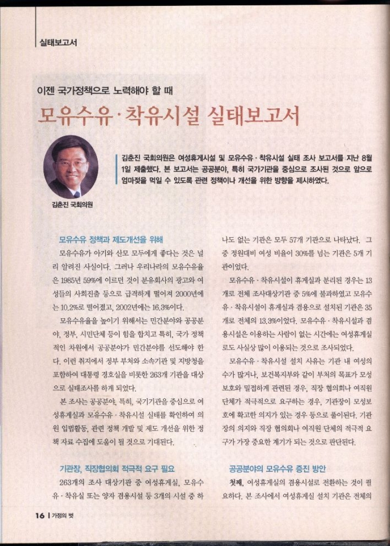 실태보고서  이젠 국가정책으로 노력해야 할 때  모유수유 착유시설 실태보고서  김춘진 국회의원  김춘진 국회의원은 여성휴게시설 및 모유수유 착유시설 실태 조사 보고서를 지난 8월 1일 제출했다. 본 보고서는 공공분야 특히 국가기관을 중심으로 조사된 것으로 앞으로 엄마젖을 먹일 수 있도록 관련 정책이나 개선을 위한 방향을 제시하였다.  모유수유 정책과 제도개선을 위해  모유수유가 아기와 산모 모두에게 좋다는 것은 널  리 알려진 사실이다. 그러나 우리나라의 모유수유율  은 1985년 59에 이르던 것이 분유회사의 광고와 여  성들의 사회진출 등으로 급격하게 떨어져 2000년에  는 10.2로 떨어졌고 2002년에는 16.3이다.  모유수유율을 높이기 위해서는 민간분야와 공공분  야 정부 시민단체 등이 힘을 합치고 특히 국가 정책  적인 차원에서 공공분야가 민간분야를 선도해야 한  다. 이런 취지에서 정부 부처와 소속기관 및 지방청을  포함하여 대통령 경호실을 비롯한 263개 기관을 대상  으로 실태조사를 하게 되었다.  본 조사는 공공분야 특히 국가기관을 중심으로 여  성휴게실과 모유수유 착유시설 실태를 확인하여 의  원 입법활동 관련 정책 개발 및 제도 개선을 위한 정  책자료 수집에 도움이 될 것으로 기대된다.  기관장 직장협의회 적극적 요구 필요  263개의 조사 대상기관 중 여성휴게실 모유수  유 착유실 또는 양자 겸용시설 등 3개의 시설 중 하  나도 없는 기관은 모두 57개 기관으로 나타났다. 그  중정원대비 여성 비율이 30를 넘는 기관은 5개 기  관이었다.  모유수유 착유시설이 휴게실과 분리된 경우는 13  개로 전체 조사대상기관 중 5에 불과하였고 모유수  유 착유시설이 휴게실과 겸용으로 설치된 기관은 35  개로 전체의 13.3이었다. 모유수유 착유시설과 겸  용시설은 이용하는 사람이 없는 시간에는 여성휴게실  로도 사실상 많이 이용되는 것으로 조사되었다.  모유수유 착유시설 설치 사유는 기관 내 여성의  수가 많거나 보건복지부와 같이 부처의 목표가 모성  보호와 밀접하게 관련된 경우 직장 협의회나 여직원  단체가 적극적으로 요구하는 경우 기관장이 모성보  호에 확고한 의지가 있는 경우 등으로 풀이된다. 기관  장의 의지와 직장 협의회나 여직원 단체의 적극적 요  구가 가장 중요한 계기가 되는 것으로 판단된다.  공공분야의 모유수유 증진 방안  첫째 여성휴게실의 겸용시설로 전환하는 것이 필  요하다. 본 조사에서 여성휴게실 설치 기관은 전체의 