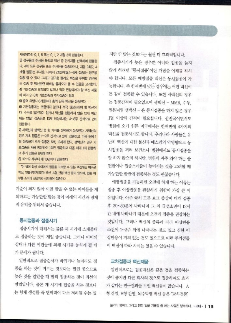 제품에따라 0. 1. 6 또는 0 1 2 개월 3회 접종한다. 3 경구용과 주사용 폴리오 백신 중 한가지를 선택하여 접종한 다. 4회 모두 경구용 또는 주사용을 접종하거나 처음 2회2 4 개월 접종는 주사용 나머지 2호6개월46세 접종는 경구용 접종 할 수 있다. 그리고 경구용 폴리오 백신을 투여할 경우에 는 접종 후 백신관련 마비성 폴리오가 올 수 있음을 고려한다. 4 기본접종에 포함되지 않으나 적극 권장되어야 할 백신 제품 에 따라 23회 기초접종과 추가접종이 필요  5 홍역 유행시 6개월부터 홍역 단독 백신을 접종한다. 6 기본접종에는 포함되지 않으나 적극 권장되어야 할 백신이 다. 수두를 앓은적이 없거나 백신을 접종하지 않은 12세 미만 에는 1회만 접종하고 13세 이상에서는 48주 간격으로 2회 접종한다.  7 사백신과 생백신 중 한 가지를 선택하여 접종한다. 사백신의 경우 기초 접종은 12주 간격으로 2회 접종하고 다음 해에 1 회 접종하며 추가 접종은 6세 12세에 한다. 생백신의 경우 기 초접종은 처음 방문하여 1회만 접종하고 다음 해에 1회 접종하 며 추가 접종은 6세에 한다.  8 1012세부터 매 10년마다 접종한다.  이 밖에 정상 소아에게 접종을 고려할 수 있는 백신에는 폐구균 백신 인플루엔자독감 백신 A형 간염 백신 등이 있으며 접종 여 부를 소아과 전문의와 상의하여 접종한다.   기준이 되지 않아 이를 맞을 수 없는 아이들을 제  외하고는 가능한한 맞는 것이 미래의 시간과 경제  적 유익을 위해서 좋습니다.  동시접종과 접종시기  접종시기에 대해서는 물론 제 시기에 스케줄대  로 접종하는 것이 제일 좋습니다. 그러나 아이의  상태나 다른 여건들에 의해 시기를 놓치게 될 때  가 문제가 됩니다.  일반적으로 접종순서가 바뀌거나 늦더라도 접  종을 하는 것이 거르는 것보다는 훨씬 좋으므로 늦은 것을 알았을 때 빨리 접종하는 것이 최선의 방법입니다. 물론 제 시기에 접종을 하는 것보다  는 항체 생성률 즉 면역력이 다소 저하될 수는 있  지만 안 맞는 것보다는 훨씬 더 효과적입니다.  접종시기가 늦은 경우뿐 아니라 접종을 늦지 않게 하려면 동시접종이란 개념을 이해를 하셔  야 합니다. 모든 예방접종 백신은 동시접종이 가  능합니다. 즉 한꺼번에 맞는 경우에는 어떤 백신이  든 같이 접종할 수 있습니다. 또한 사백신의 경우  는 접종간격이 필요없으며 생백신  MMR 수두 일본뇌염 생백신  은 동시접종을 하지 않은 경우 1달 이상의 간격이 필요합니다. 선진국이면서도  병원에 오기 힘든 미국에서는 한꺼번에 4가지의  백신을 접종하기도 합니다. 우리나라 사람들은 유 난히 백신에 대한 불신과 메스컴의 악영향으로 동  시접종을 꺼려 보건소나 병원에서도 동시접종을 잘 하지 않으려 하지만 병원에 자주 와야 하는 불 편함이나 접종스케줄이 늦어지는 것을 고려할 때 가능한한 한번에 접종하는 것도 괜찮습니다.  예방접종 가능하면 오전에 하게 하는 이유는  접종 후 이상반응을 관찰하기 위함이 가장 큰 이  유입니다. 아주 극히 드문 쇼크 증상이 대개 접종  후 2030분에 나타나며 그 외 급성소견이 12시  간 내에 나타나기 때문에 오전에 접종을 권장하는 것입니다. 그러나 백신의 종류에 따라 이상반응 소견이 12주 뒤에 나타나는 것도 있고 심한 이 상반응이 거의 없는 것도 있으므로 이런 주의점들  이 백신에 따라 차이는 있을 수 있습니다.  교차접종과 백신제품  일반적으로는 접종백신은 같은 것을 접종하는 것이 좋지만 다른 회사의 것으로 접종하여도 효과 가 같다는 연구결과를 보인 백신들이 많습니다. A  형 간염 B형 간염 뇌수막염 백신 등은 교차접종 