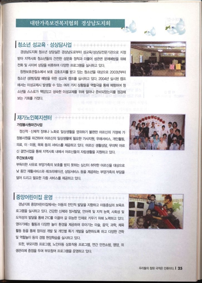 대한가족보건복지협회 경상남도지회 청소년 성교육 성상담사업 경상남도지회 청소년 상담실은 경상남도로부터 성교육성상담전문기관으로 지정 받아 지역사회 청소년들의 건전한 성문화 정착과 더불어 성관련 문제예방을 위해 전화 및 사이버 상담을 비롯하여 다양한 프로그램을 실시하고 있다. 창원보호관찰소에서 보호 감호조치를 받고 있는 청소년을 대상으로 2003년부터 •청소년 성性일탈 예방을 위한 성교육 캠프를 실시하고 있다. 2004년 실시된 캠프 에서는 이성교제시 발생할 수 있는 여러 가지 상황들을 역할극을 통해 체험하여 청 소년들 스스로가 책임있고 성숙한 이성교제를 위해 얼마나 준비되었는지를 점검해 보는 기회를 가졌다. 재가노인복지센터  가정봉사파견사업 정신적·신체적 장애나 노화로 일상생활을 영위하기 불편한 어르신의 가정에 가 정봉사원을 파견하여 어르신의 일상생활에 필요한 가사지원 우애서비스 개인활동 의료 이·미용 목욕 등의 서비스를 제공하고 있다. 어르신 생활상담 무의탁 어르 신 결연사업을 통해 지역사회 내에서 어르신들의 자립생활을 지원하고 있다. 주간보호사업 부득이한 사유로 부양가족의 보호를 받지 못하는 심신이 허약한 어르신을 대상으로 낮 동안 재활서비스와 레크리에이션 상담서비스 등을 제공하는 부양가족의 부담을 덜어드리고 필요한 각종 서비스를 제공하고 있다.  중앙어린이집 운영  경남지회 중앙어린이집에서는 아동의 전인적 발달을 지향하고 아동중심의 보육프 로그램을 실시하고 있다. 건강한 신체와 정서발달 언어력 및 지적 능력 사회성 및 도덕성의 발달을 통해 21C를 이끌어 갈 유능한 인재로 키우기 위해 노력하고 있다. 영아기에는 활동과 다양한 놀이 환경을 제공하며 유아기는 미술 음악 과학 체육 활동 등을 통해 창의성 개발 및 개인별 특기 개발을 실현하도록 하고 다양한 견학 및 역할놀이 등의 경험 현장학습을 실시하고 있다. 또한 부모지원 프로그램 노인아동 상호작용 프로그램 연간 안전소방 영양 위 생관리에 중점을 두며 부모참여 프로그램을 운영하고 있다.