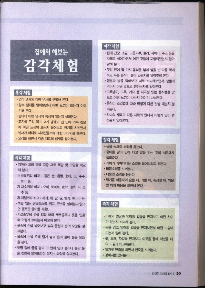 체험 집에서 해보는 감각체험  후각 체험 . ・엄마 냄새와 아빠 냄새를 구별해 본다. ·향수 냄새를 맡아보면서 어떤 느낌이 드는지 이야 기해 본다. ・방마다 어떤 냄새의 특징이 있는지 살펴본다. ・고기를 구워 먹고 고기 냄새가 집 안에 가득 찼을 때 어떤 느낌이 드는지 물어보고 환기를 시키면서 냄새가 어디로 사라졌을까에 대한 이야기를 해본다. •요리를 하면서 각종 재료의 냄새를 맡아본다.  미각 체험 •컵에 간장 소금 고춧가루 콜라 사이다 주스 등을 차례로 섞어가면서 어떤 것들이 포함되었는지 알아 맞혀 본다. •깻잎 안에 몇 가지 음식을 넣어 쌈을 싼 다음 먹게 하고 무슨 음식이 들어 있는지를 알아맞혀 본다. ・생쌀과 밥을 먹어보고 서로 비교해보면서 생쌀이 익어서 어떤 맛으로 변하는지를 알아본다. •고추냉이 고추 겨자 등 자극성 있는 음식들을 맛 보고 어떤 느낌이 나는지 이야기 나눠본다. ・음식이 조리법에 따라 어떻게 다른 맛을 내는지 살 펴본다. ・하나의 재료가 다른 재료와 만나서 어떻게 맛이 변 하는지 알아본다.  청각 체험  •쌀을 씻으며 소리를 듣는다. 종이를 말아 입에 대고 말을 하는 것을 서로에게 들려준다. •개미가 기어다니는 소리를 들어보려고 해본다. ・바람소리를 느껴본다. ・나뭇잎 소리를 듣는다. •악기를 이용하여 슬플 때 기쁠 때 속상할 때 억울 할 때의 마음을 표현해 본다.  시각 체험 •엄마와 요리 중에 각종 재료 색깔 및 모양을 비교 해 본다. 1 곡류끼리 비교 검은 쌀 흰쌀 현미 조 수수 보리 등 2 채소끼리 비교 오이 토마토 호박 배추 무 고 추등 3 과일끼리 비교  사과 배 감 귤 딸기 바나나 등. ・색깔 있는 선글라스를 끼고 주변을 살펴본다없으 면 셀로판 종이를 사용.  •가로줄무늬 옷을 입을 때와 세로줄무늬 옷을 입을 때 어떻게 보이는지 비교해 본다. •물속에 손을 넣어보고 빛의 굴절과 손의 모양을 살 펴본다. •물속에 손을 오래 담가 놓고 손이 물에 불은 모습 을 본다. 투명 컵에 물을 담고 그 안에 잉크 물이나 물감 물 을 천천히 떨어뜨리며 퍼지는 과정을 살펴본다. . 촉각 체험  ・아빠의 얼굴과 엄마의 얼굴을 만져보고 어떤 차이 가 있는지 비교해 본다. •눈을 감고 엄마의 얼굴을 만져보면서 어떤 느낌이 드는지 말해 본다. •흙 모래 자갈을 만져보고 이것을 물에 적셨을 때 의 느낌과 비교해본다. •·밀가루 반죽을 하면서 반죽을 느껴본다. •강아지를 만져본다.  