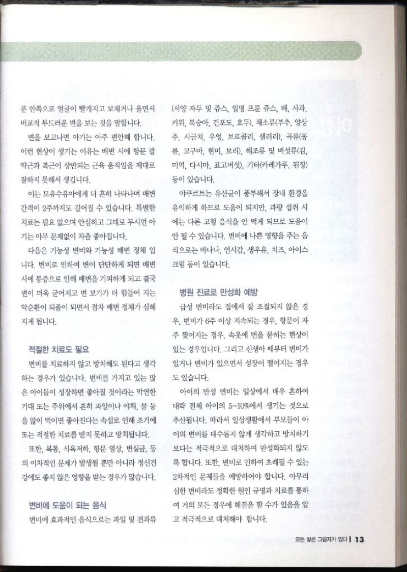 분 안쪽으로 얼굴이 빨개지고 보채거나 울면서 비교적 부드러운 변을 보는 것을 말합니다. 변을 보고나면 아기는 아주 편안해 합니다. 이런 현상이 생기는 이유는 배변 시에 항문 괄 약근과 복근이 상반되는 근육 움직임을 제대로 잘하지 못해서 생깁니다. 이는 모유수유아에게 더 흔히 나타나며 배변 간격이 2주까지도 길어질 수 있습니다. 특별한 치료는 필요 없으며 안심하고 그대로 두시면 아 기는 아무 문제없이 차츰 좋아집니다. 다음은 기능성 변비와 기능성 배변 정체 입 니다. 변비로 인하여 변이 단단하게 되면 배변 시에 통증으로 인해 배변을 기피하게 되고 결국 변이 더욱 굳어지고 변 보기가 더 힘들어 지는 악순환이 되풀이 되면서 점차 배변 정체가 심해 지게 됩니다. 적절한 치료도 필요 변비를 치료하지 않고 방치해도 된다고 생각 하는 경우가 있습니다. 변비를 가지고 있는 많 은 아이들이 성장하면 좋아질 것이라는 막연한 기대 또는 주위에서 흔히 과일이나 야채 물 등을 많이 먹이면 좋아진다는 속설로 인해 조기에 또는 적절한 치료를 받지 못하고 방치됩니다. 또한 복통 식욕저하 항문 열상 변실금 등 의 이차적인 문제가 발생될 뿐만 아니라 정신건 강에도 좋지 않은 영향을 받는 경우가 많습니다. 변비에 도움이 되는 음식 변비에 효과적인 음식으로는 과일 및 견과류 서양자두 및 쥬스 일명 프룬 쥬스 배 사과 키위 복숭아 건포도 호두 채소류부추 양상 추 시금치 우엉 브로콜리 샐러리 곡류콩 류 고구마 현미 보리 해조류 및 버섯류김 미역 다시마 표고버섯 기타카레가루 된장 등이 있습니다. 야쿠르트는 유산균이 풍부해서 장내 환경을 유익하게 하므로 도움이 되지만 과량 섭취 시 에는 다른 고형 음식을 안 먹게 되므로 도움이 안 될 수 있습니다. 변비에 나쁜 영향을 주는 음식으로는 바나나 연시감 생우유 치즈 아이스 크림 등이 있습니다. 병원 진료로 만성화 예방 급성 변비라도 집에서 잘 조절되지 않은 경 우 변비가 6주 이상 지속되는 경우 항문이 자 주 찢어지는 경우 속옷에 변을 묻히는 현상이 있는 경우입니다. 그리고 신생아 때부터 변비가 있거나 변비가 있으면서 성장이 떨어지는 경우도 있습니다. 아이의 만성 변비는 일상에서 매우 흔하여 대략 전체 아이의 510에서 생기는 것으로 추산됩니다. 따라서 일상생활에서 부모들이 아 이의 변비를 대수롭지 않게 생각하고 방치하기 보다는 적극적으로 대처하여 만성화되지 않도록 합니다. 또한 변비로 인하여 초래될 수 있는 2차적인 문제들을 예방하여야 합니다. 아무리 심한 변비라도 정확한 원인 규명과 치료를 통하 여 거의 모든 경우에 해결을 할 수가 있음을 알고 적극적으로 대처해야 합니다.  