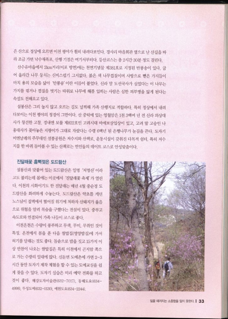 은산으로 정상에 오르면 이천 평야가 훤히 내려다보인다. 경사리 마을회관 옆으로 난 산길을 따 라 조금 가면 낙수재폭포 산행 기점은 여기서부터다. 등산코스는 총 2시간 30분 정도 걸린다. 산수유마을에서 2km거리이포 방면에는 천연기념물 제381호로 지정된 반송이 있다. 굽 어 올라간 나무 둥치는 신비스럽기 그지없다. 붉은 색 나무껍질이며 사방으로 뻗은 가지들이 마치 용의 모습을 닮아 반룡송 이란 이름이 붙었다. 신라 말 도선국사가 심었다는 이 나무는 가지를 꺾거나 껍질을 벗기는 따위로 나무에 해를 입히는 사람은 심한 피부병을 앓게 된다는 속설도 전해오고 있다. 설봉산은 그리 높지 않고 오르는 길도 널찍해 가족 산행지로 적합하다. 특히 정상에서 내려 다보이는 이천 평야의 정경이 그만이다. 산 중턱에 있는 영월암은 1천 3백여 년 전 신라 의상대 사가 창건한 고찰 경내엔 보물 제822호인 고려시대 마애보살입상이 있고 고려 말 고승인 나 옹대사가 꽂아놓은 지팡이가 그대로 자랐다는 수령 6백년 된 은행나무가 눈길을 끈다. 도자기 비엔날레의 주무대인 설봉공원은 저수지와 산책로 운동시설이 갖춰진 다목적 쉼터. 특히 저수 지를 한 바퀴 돌아볼 수 있는 산책로는 연인들의 데이트 코스로 안성맞춤이다. 진달래꽃 흠뻑젖은 도드람산 설봉산과 맞붙어 있는 도드람산은 일명 저명산이라 고도 불리는데 봄에는 이곳에서 진달래꽃 축제가 열린 다. 이천의 시화이기도 한 진달래는 매년 4월 중순경 도 드람산을 화려하게 수놓는다. 도드람산은 약초를 캐던 노스님이 절벽에서 떨어질 위기에 처하자 산돼지가 울음 으로 위험을 알려 목숨을 구했다는 전설이 있다. 중부고 속도로와 연결되어 가족 나들이 코스로 좋다. 이천온천은 수량이 풍부하고 무색 무미 무취인 것이 특징. 온천에서 몸을 푼 다음 쌀밥집영양밥집에 가서 허기를 달래는 것도 좋다. 돌솥으로 밥을 짓고 15가지 이 상 반찬이 나오는 쌀밥집은 특히 이천에서 곤지암 쪽으 로 가는 수광리 일대에 많다. 신둔면 도예촌에 가면 23 시간 동안 도자기 제작 체험을 할 수 있는 도예교실을 쉽 게 찾을 수 있다. 도자기 실습은 미리 예약 전화를 하고 것이 좋다. 해강도자미술관6327017 동해도요634 4998 두성도예6320130 예원도요6342244.