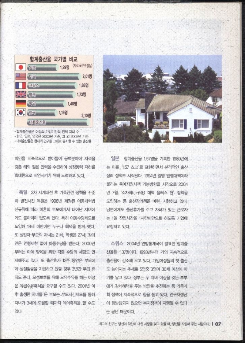 숙련노동자 합계출산율 국가별 비교 일본 1.29명 자료국무조정실 미국 201명 프랑스 188명 영국 1.73명 독일 140명 한국 119명 210명 대체출산율 •합계출산율은 여성의 가임기간의 전체 자녀 수 ・한국 일본 영국은 2003년 기준 그 외 2002년 기준 •대체출산율은 현재의 인구를 그대로 유지할 수 있는 출산율   이민을 지속적으로 받아들여 공백분야에 자격을 갖춘 해외 젊은 인력을 수급하여 성장동력 저하를 최대한으로 지연시키기 위해 노력하고 있다. 독일 2차 세계대전 후 가족관련 정책을 꾸준 히 발전시킨 독일은 1998년 제정된 아동개혁법 신규칙에 따라 미혼의 부모에게서 태어난 자녀에 게도 불이익이 없도록 했다. 특히 아동수당제도를 도입해 18세 미만이면 누구나 혜택을 받게 했다. 또 실업자 부모의 자녀는 21세 학생은 27세 장애 인은 연령제한 없이 아동수당을 받는다. 2000년 부터는 아예 양육을 위한 각종 수당의 세금도 면 제해주고 있다. 또 출산휴가 12주 동안은 부모에 •게 실질임금을 지급하고 원할 경우 3년간 무급 휴 직도 준다. 모성보호를 위해 모유수유를 하는 여성 은 유급수유휴식을 요구할 수도 있다. 2001년 이 후 출생한 자녀를 둔 부모는 부모시간제도를 통해 자녀가 3세에 도달할 때까지 육아휴직을 할 수도 있다. 일본 합계출산율 1.57명을 기록한 1989년에 는 이를 1.57 쇼크로 표현하면서 본격적인 출산 장려 정책도 시작됐다. 1994년 일명 엔젤대책이라 •불리는 육아지원시책 기본방향을 시작으로 2004 년 7월 자화 대책 플러스 원 정책을 도입하는 등 출산장려책을 마련 시행하고 있다. 남편에게도 출산휴가를 주고 자녀가 있는 근로자 는 1일 잔업시간을 1시간미만으로 하도록 기업에 요청하고 있다. 스위스 2004년 연방통계국이 발표한 합계출 산율은 1.37명이다. 1993년부터 거의 지속적으로 출산율이 감소해 오고 있다. 가임여성들의 첫 출산 도 늦어지는 추세로 5명중 3명이 30세 이상에 아 기를 낳고 있다. 정부는 두 자녀 이상을 갖는 부부 에게 감세혜택을 주는 방안을 추진하는 등 가족계 확 정책에 지속적으로 힘을 쏟고 있다. 인구재생산 이 뒷받침되지 않으면 복지정책이 지탱될 수 없다는 판단 때문이다.