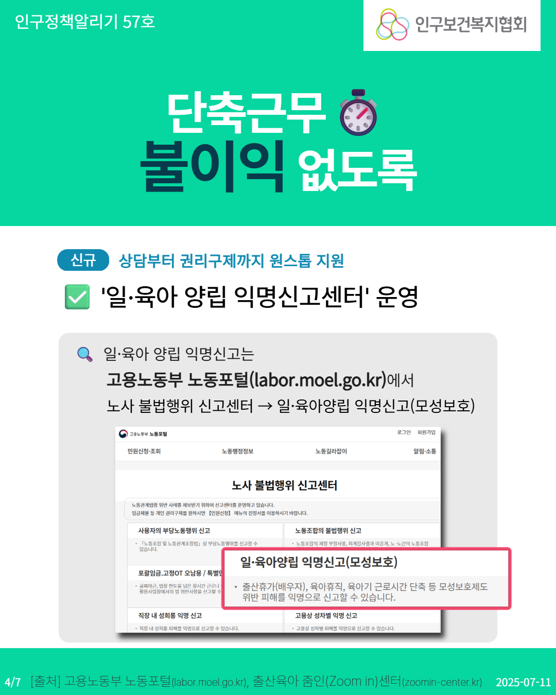  인구정책알리기 57호 단축근무 4 불이익 없도록 신규 상담부터 권리구제까지 원스톱 지원 인구보건복지협회 일·육아 양립 익명신고센터 운영 일·육아 양립 익명신고는 고용노동부 노동포털labor.moel.go.kr에서 노사 불법행위 신고센터 → 일·육아양립 익명신고모성보호 고용노동부 노동포털 로그인 회원가입 민원신청조회 노동행정정보 노동길라잡이 알림·소통 노사 불법행위 신고센터 노동관계법령 위반 사례를 제보받기 위하여 신고센터를 운영하고 있습니다. 임금체불 등 개인 권리구제를 원하시면 민원신청 메뉴의 진정서를 이용하시기 바랍니다. 노동조합의 불법행위 신고 사용자의 부당노동행위 신고 ・「노동조합 및 노동관계조정법」상 부당노동행위를 신고할 수 있습니다. • 노동조합의 재정 부정사용 회계감사결과 미공개 노노간의 노동조합 포괄임금.고정OT 오남용특별 일·육아양립 익명신고모성보호 ・공짜야근 법정 한도를 넘은 장시간 근로나 활용사업장에서의 법 위반사항을 신고할 수 • 출산휴가배우자 육아휴직 육아기 근로시간 단축 등 모성보호제도 위반 피해를 익명으로 신고할 수 있습니다. 직장 내 성희롱 익명신고 직장 내 성희롱 피해 익명으로 신고할 수 있습니다. 고용상 성차별 익명 신고 고용상 성차별 피해 익명으로 신고할 수 있습니다. 47 출처 고용노동부 노동포털labor.moel.go.kr 출산육아 줌인Zoom in센터zoomincenter.kr 20250711