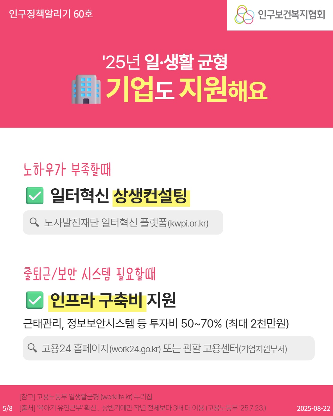 인구정책알리기 60호  인구보건복지협회  25년 일·생활 균형  기업도 지원해요  노하우가 부족할때  일터혁신 상생컨설팅  Q 노사발전재단 일터혁신 플랫폼kwpi.or.kr  출퇴근보안 시스템 필요할때  인프라 구축비 지원  근태관리 정보보안시스템 등 투자비 5070 최대 2천만원  고용24 홈페이지work24.go.kr 또는 관할 고용센터기업지원부서  참고 고용노동부 일생활균형 worklife.kr 누리집  58 출처 육아기 유연근무 확산.. 상반기에만 작년 전체보다 3배 더 이용 고용노동부 25.7.23.  20250822