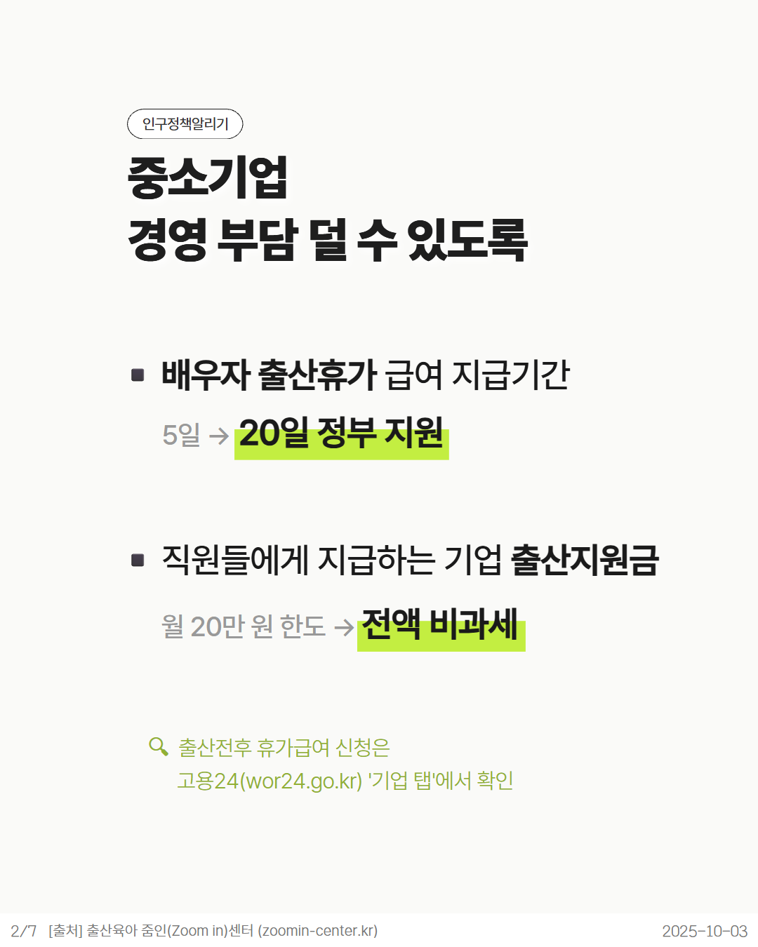 인구정책알리기  중소기업  경영부담 덜 수 있도록  ■ 배우자 출산휴가 급여 지급기간  5일→ 20일 정부 지원  ■ 직원들에게 지급하는 기업 출산지원금  월 20만원 한도 전액 비과세  출산전후 휴가급여 신청은  고용24wor24.go.kr 기업 탭에서 확인  27 출처 출산육아 줌인Zoom in센터 zoomincenter.kr  20251003