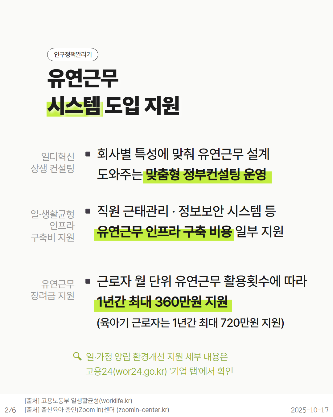 ✅ 유연근무 시스템 도입 지원  🔺일터혁신 상생 컨설팅 회사별 특성에 맞춰 유연근무 설계를 도와주는 맞춤형 정부 컨설팅 운영  🔺일생활균형 인프라 구축비 지원 직원 근태관리 정보보안 시스템 등 유연근무 인프라 구축 비용 일부 지원  🔺유연근무 장려금 지원 근로자 월 단위 유연근무 활용횟수에 따라 1년간 최대 360만원 지원 육아기 근로자는 1년간 최대 720만원