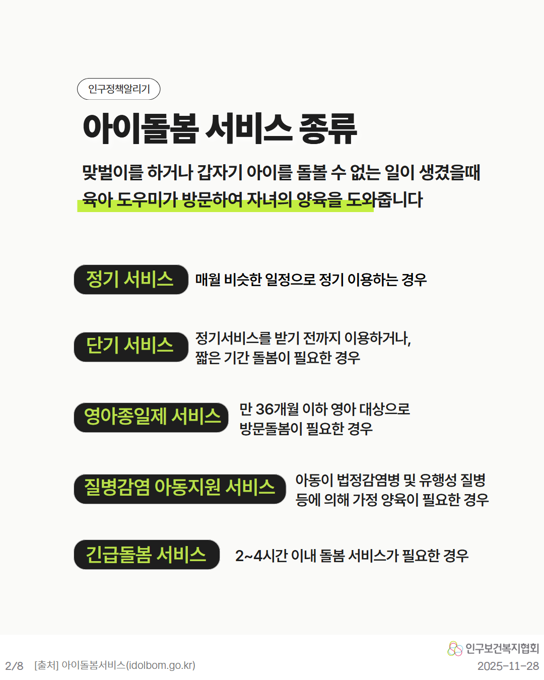 인구정책알리기  아이돌봄 서비스 종류  맞벌이를 하거나 갑자기 아이를 돌볼 수 없는 일이 생겼을때  육아 도우미가 방문하여 자녀의 양육을 도와줍니다  정기 서비스 매월 비슷한 일정으로 정기 이용하는 경우  단기 서비스 정기서비스를 받기 전까지 이용하거나  짧은 기간 돌봄이 필요한 경우  영아종일제 서비스 만 36개월 이하 영아 대상으로  방문돌봄이 필요한 경우  질병감염 아동지원 서비스 아동이 법정감염병 및 유행성 질병  등에 의해 가정 양육이 필요한 경우  긴급돌봄 서비스 24시간 이내 돌봄 서비스가 필요한 경우  28 출처 아이돌봄서비스idolbom.go.kr  인구보건복지협회  20251128