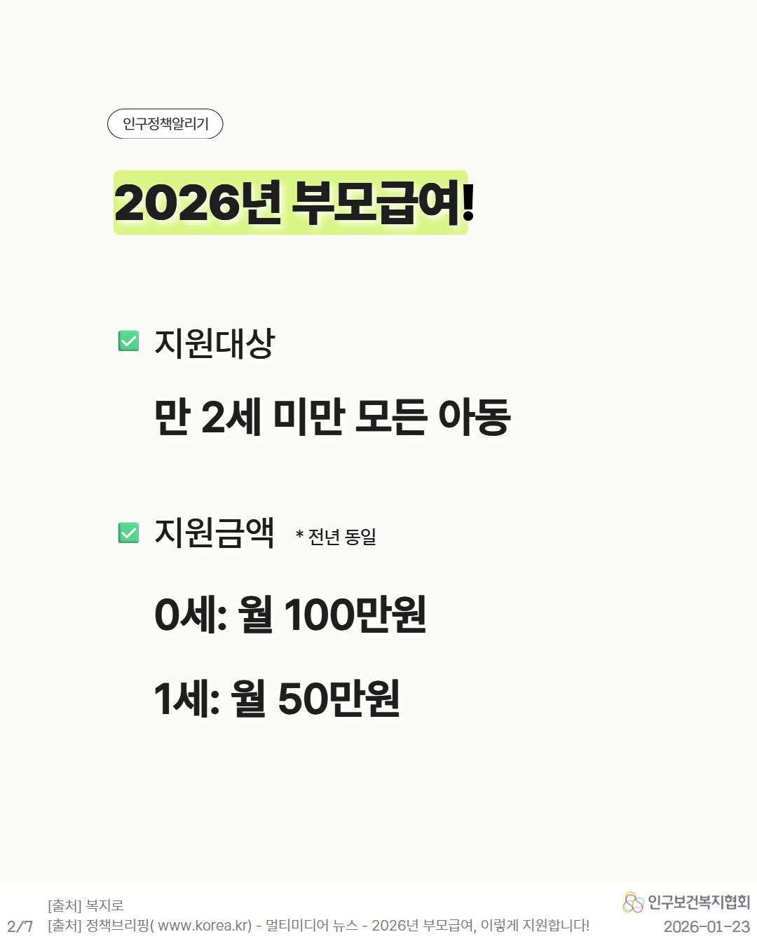 인구정책알리기  2026년 부모급여  ✔ 지원대상 만 2세 미만 모든 아동  ✔ 지원금액 전년 동일 0세 월 100만원 1세 월 50만원  출처 복지로 출처 정책브리핑www.korea.kr  멀티미디어 뉴스 – 2026년 부모급여 이렇게 지원합니다 20260123 인구보건복지협회