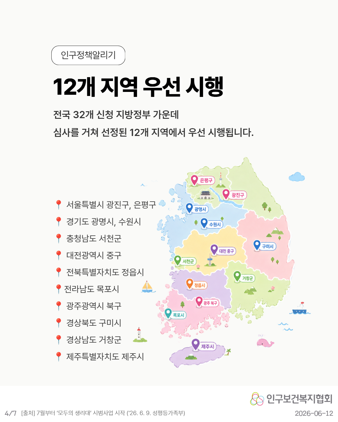 인구정책알리기  12개 지역 우선 시행  전국 32개 신청 지방정부 가운데 심사를 거쳐 선정된 12개 지역에서 우선 시행됩니다.  📍 서울특별시 광진구 은평구 📍 경기도 광명시 수원시 📍 충청남도 서천군 📍 대전광역시 중구 📍 전북특별자치도 정읍시 📍 전라남도 목포시 📍 광주광역시 북구 📍 경상북도 구미시 📍 경상남도 거창군 📍 제주특별자치도 제주시