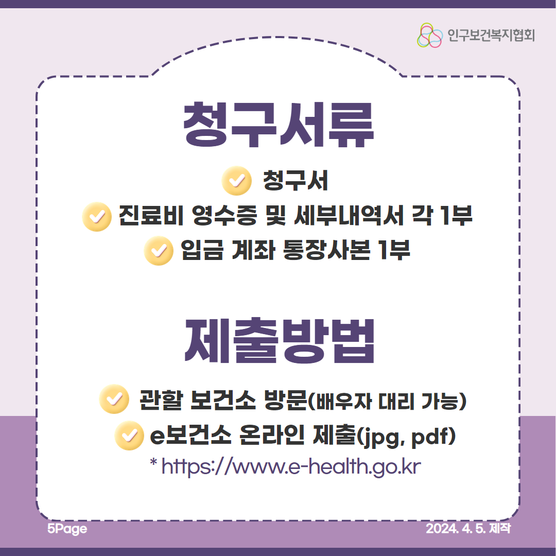  5Page 인구보건복지협회 청구서류 청구서 진료비 영수증 및 세부내역서 각 1부 입금 계좌 통장사본 1부 제출방법 관할 보건소 방문배우자 대리 가능 e보건소 온라인 제출jpg pdf  httpswww.ehealth.go.kr 2024.4.5. 제작