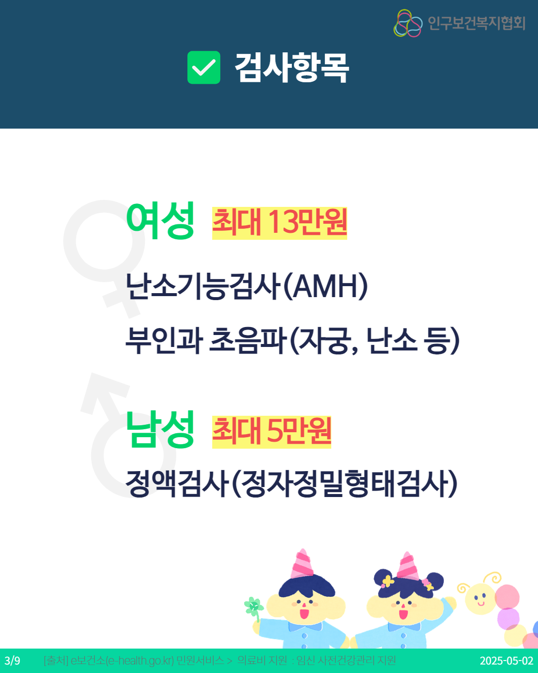  검사항목 인구보건복지협회 여성 최대 13만원 난소기능검사AMH 부인과초음파 자궁 난소 등 남성 최대 5만원 정액검사정자정밀형태검사 39 출처 e보건소ehealth.go.kr 민원서비스  의료비 지원  임신 사전건강관리 지원 20250502